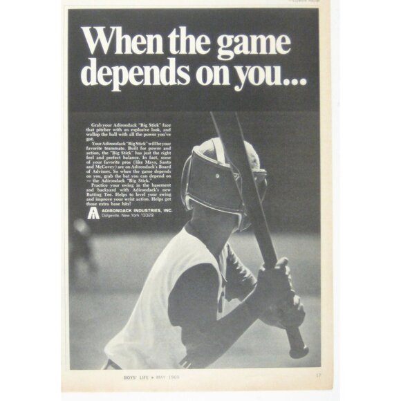 Adirondack Big Stick Baseball Bat Print Ad Vintage 1969 When the Game Depends - Picture 1 of 2